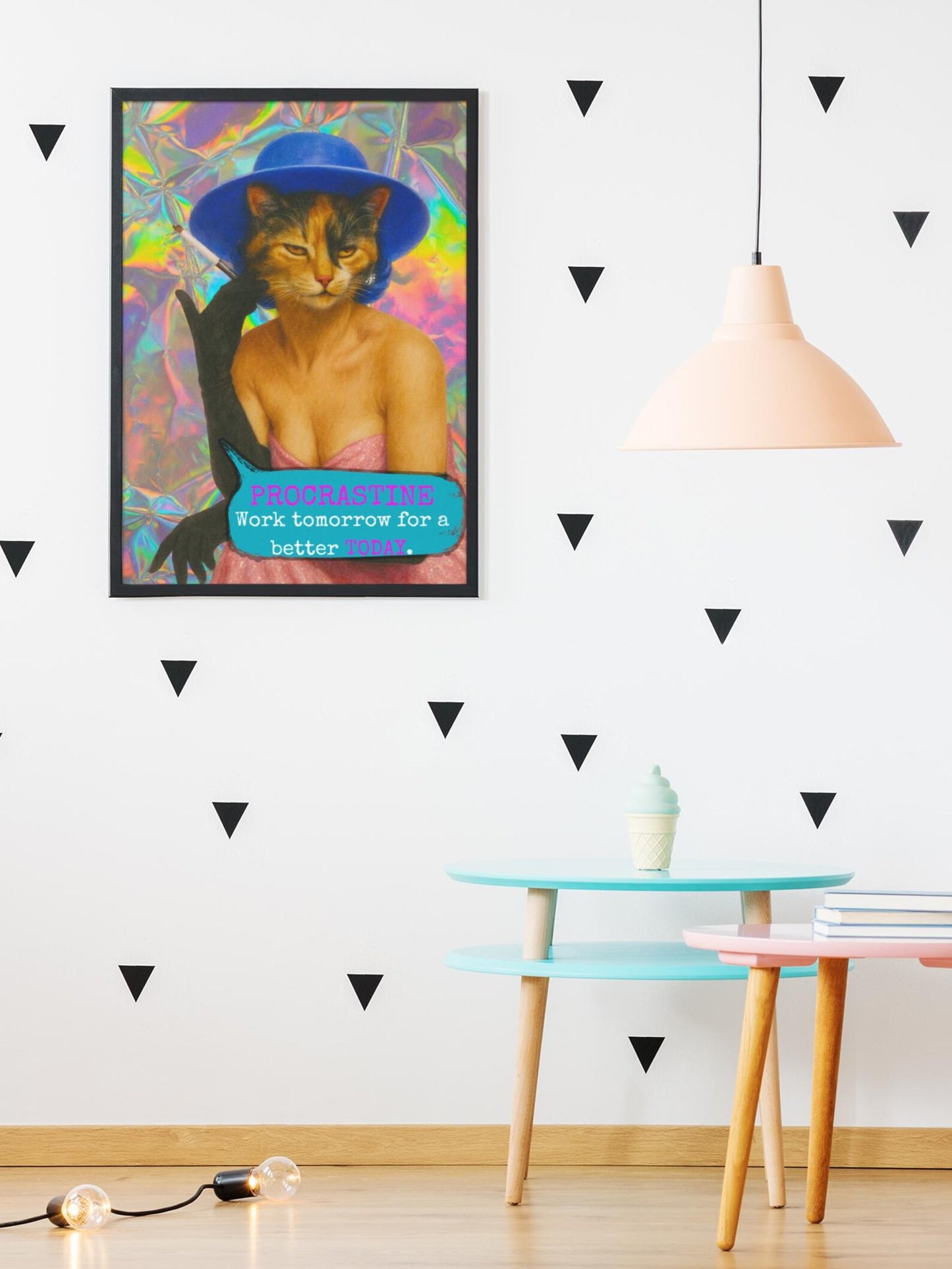 Framed Cat Poster Procrastinate Quote Vintage Wall Art Dark Humor