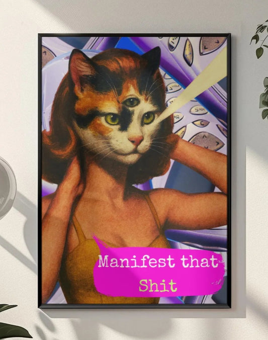 Framed Cat Poster Manifest Quote Vintage Witchy Wall Art Feminist