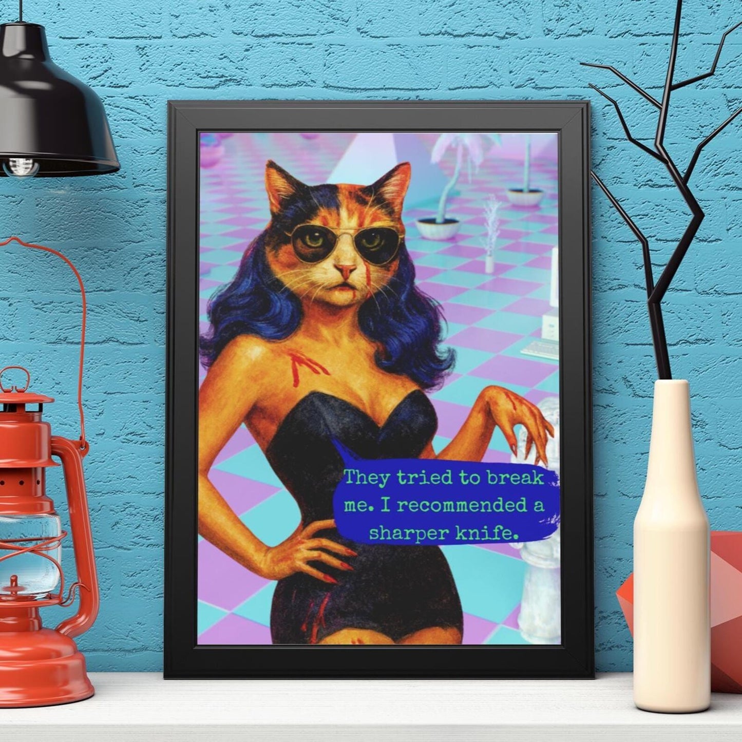 Feminist Cat Art Dark Humor Poster Sarcastic Vintage Framed