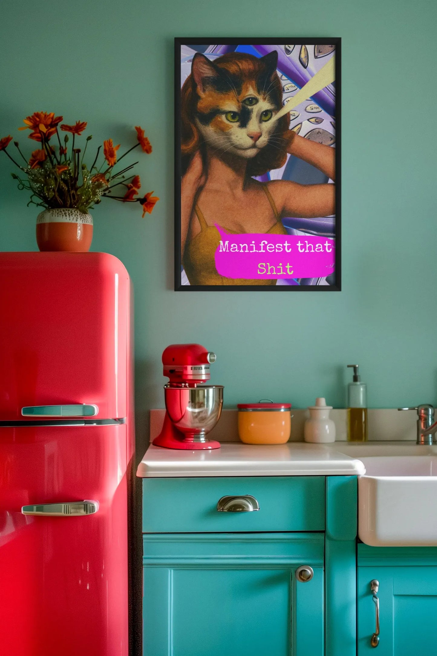 Framed Cat Poster Manifest Quote Vintage Witchy Wall Art Feminist