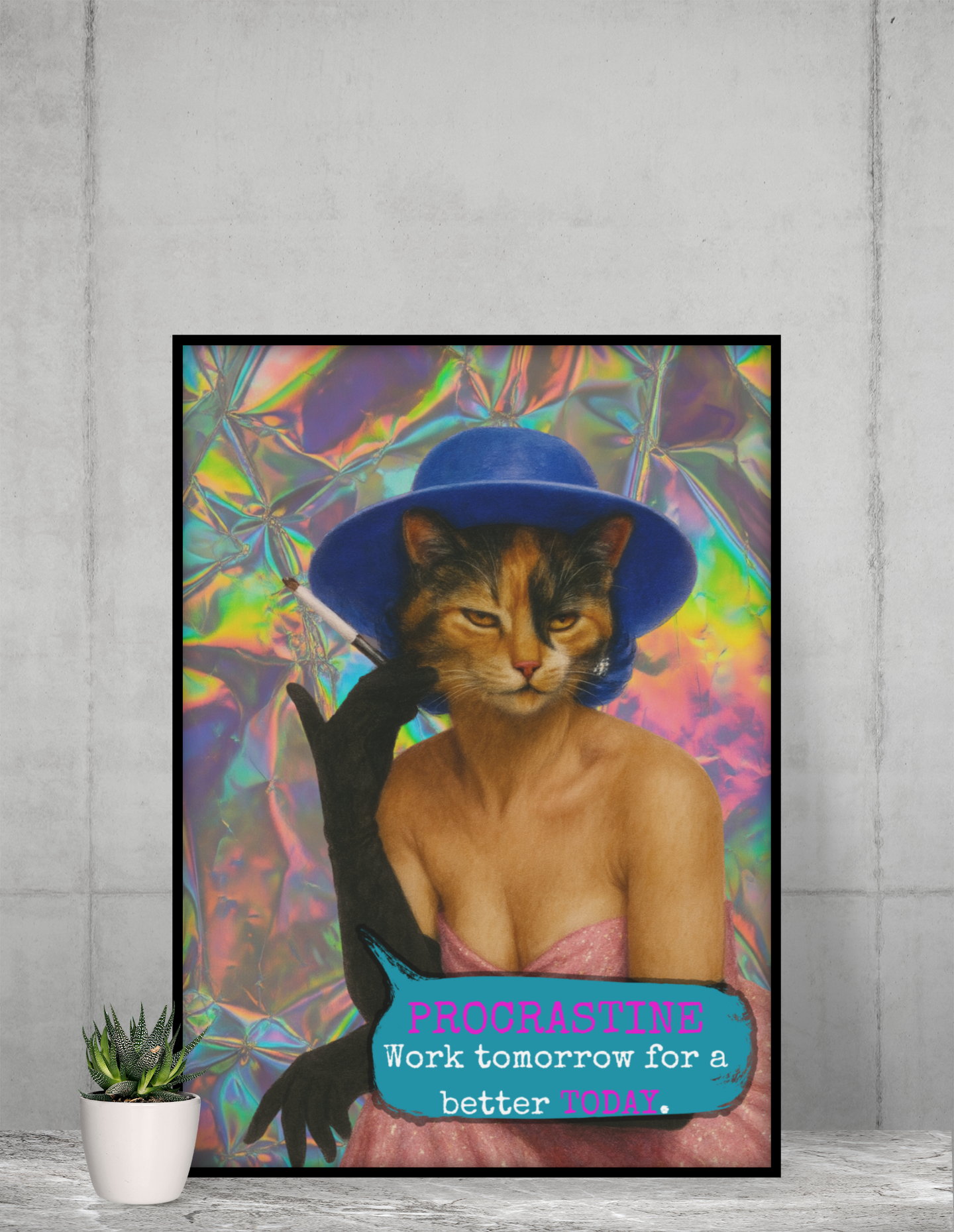 Framed Cat Poster Procrastinate Quote Vintage Wall Art Dark Humor