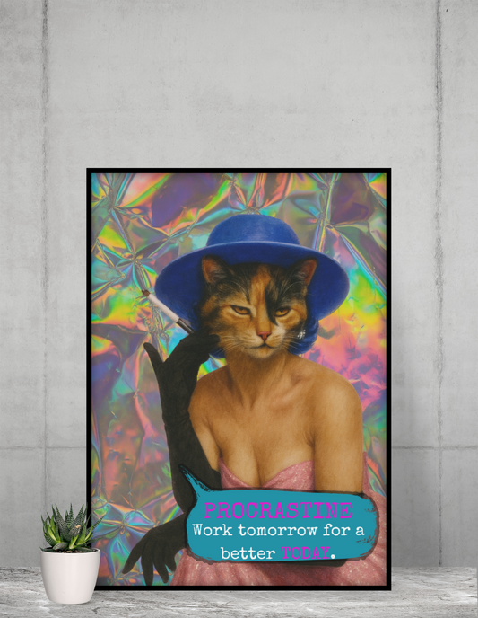Framed Cat Poster Procrastinate Quote Vintage Wall Art Dark Humor