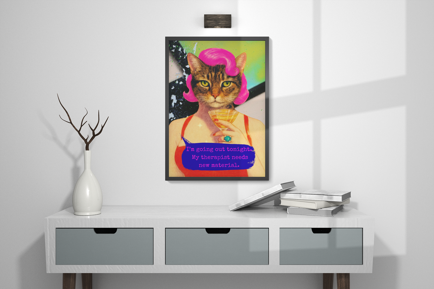 Framed Cat Poster Funny Quote Vintage Wall Art Therapist Humor