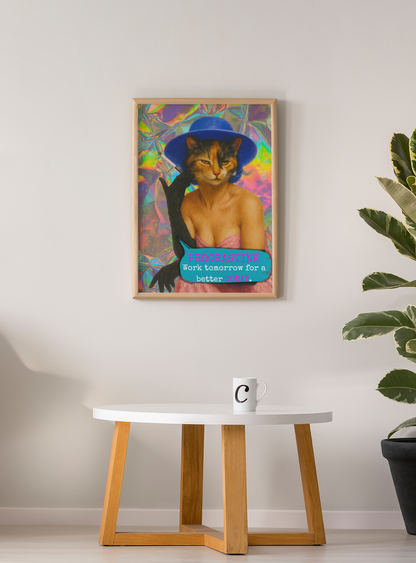 Framed Cat Poster Procrastinate Quote Vintage Wall Art Dark Humor