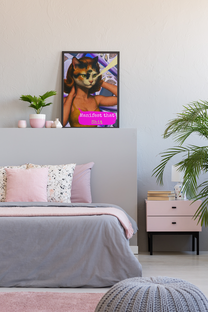 Framed Cat Poster Manifest Quote Vintage Witchy Wall Art Feminist