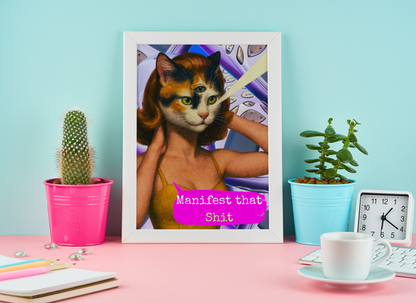 Framed Cat Poster Manifest Quote Vintage Witchy Wall Art Feminist