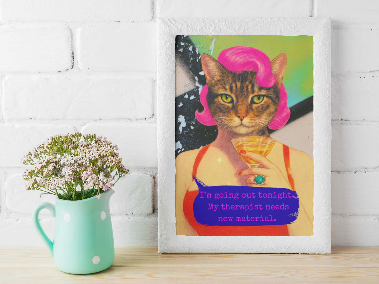 Framed Cat Poster Funny Quote Vintage Wall Art Therapist Humor