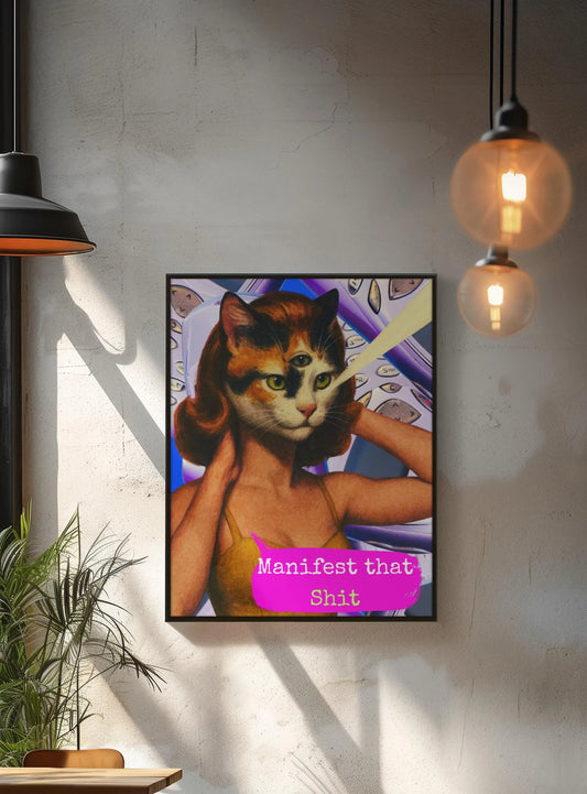 Framed Cat Poster Manifest Quote Vintage Witchy Wall Art Feminist
