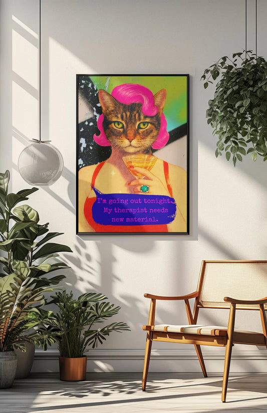 Framed Cat Poster Funny Quote Vintage Wall Art Therapist Humor