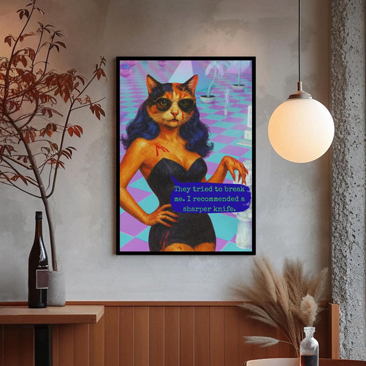 Feminist Cat Art Dark Humor Poster Sarcastic Vintage Framed