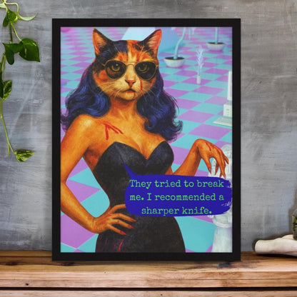 Feminist Cat Art Dark Humor Poster Sarcastic Vintage Framed