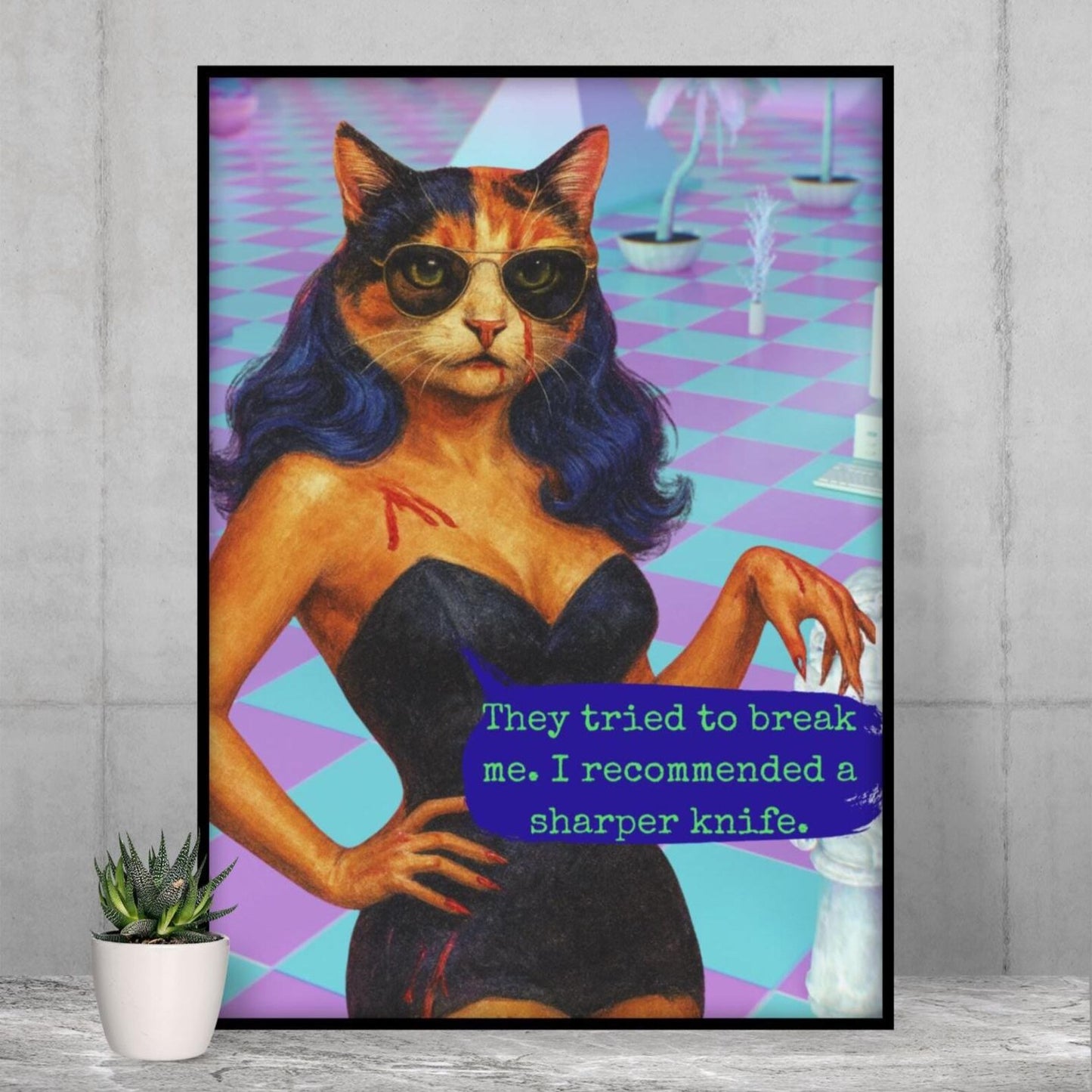 Feminist Cat Art Dark Humor Poster Sarcastic Vintage Framed
