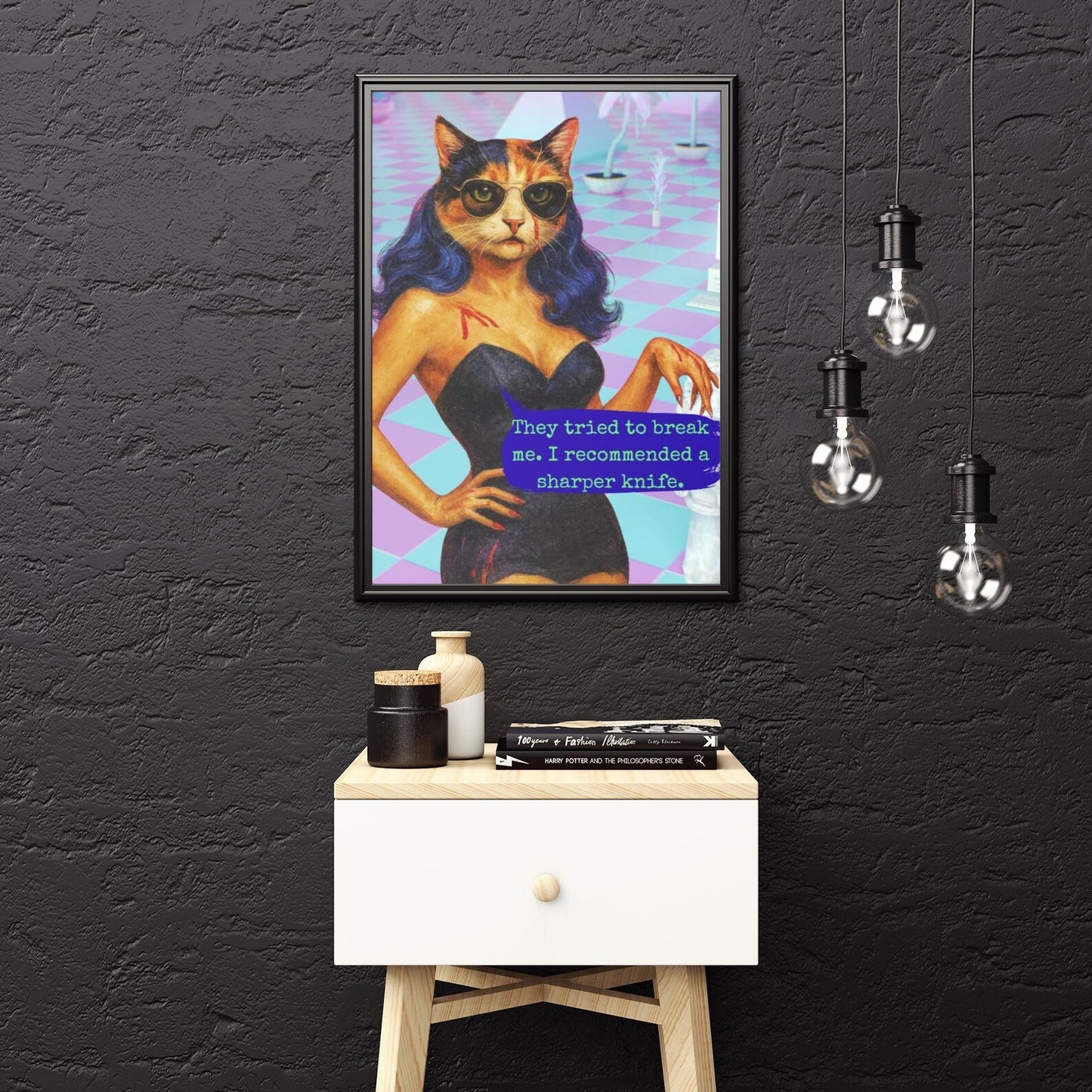 Feminist Cat Art Dark Humor Poster Sarcastic Vintage Framed