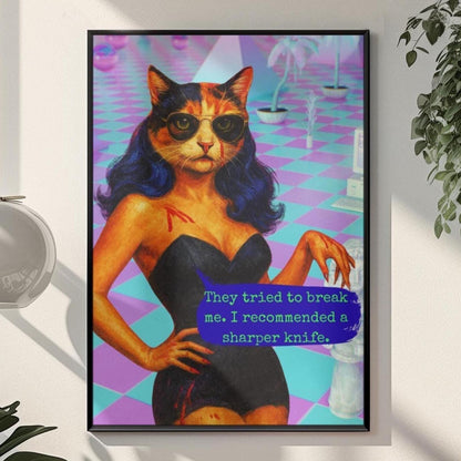 Feminist Cat Art Dark Humor Poster Sarcastic Vintage Framed