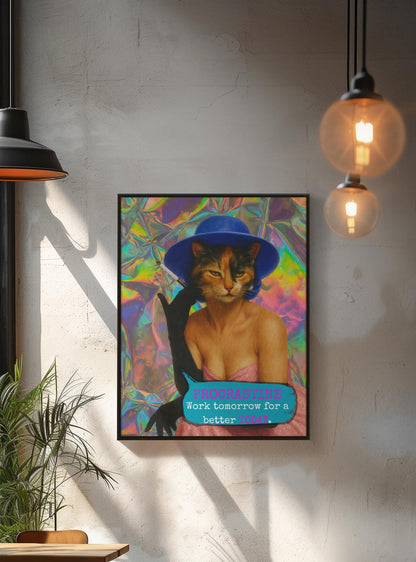 Framed Cat Poster Procrastinate Quote Vintage Wall Art Dark Humor