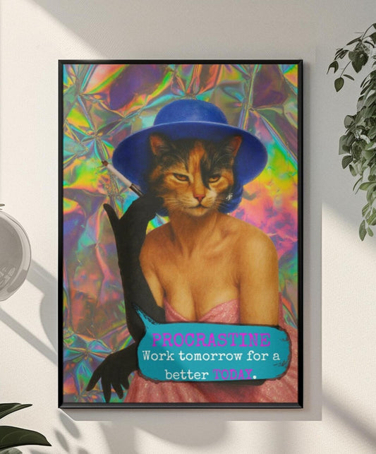 Framed Cat Poster Procrastinate Quote Vintage Wall Art Dark Humor