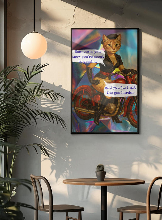 Cat Poster Motorcycle Feminist Art Vintage Sarcastic Wall Decor