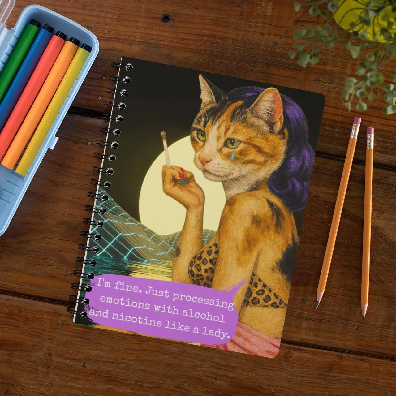 Notebook Spiral Sarcastic Cat Quote: I'M FINE. JUST PROCESSING EMOTIONS
