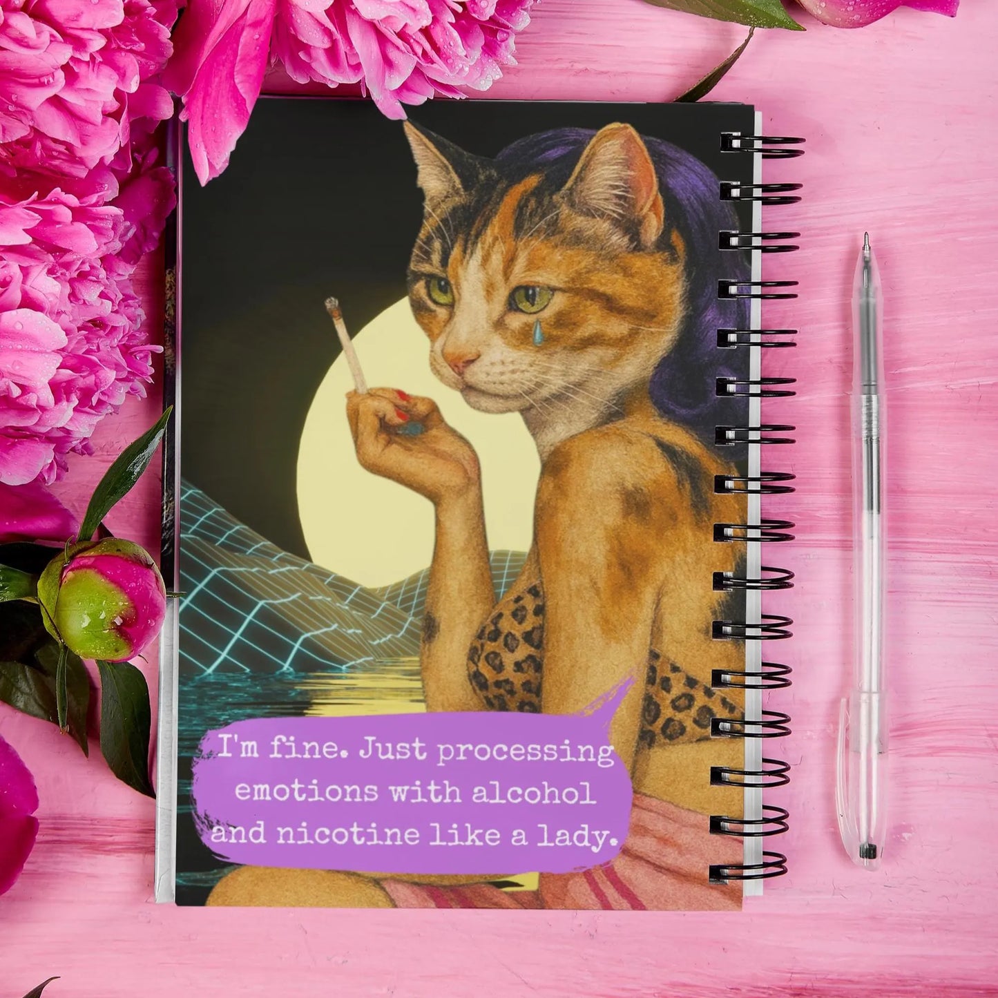 Notebook Spiral Sarcastic Cat Quote: I'M FINE. JUST PROCESSING EMOTIONS