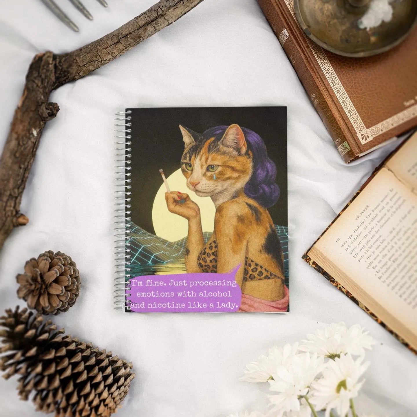 Notebook Spiral Sarcastic Cat Quote: I'M FINE. JUST PROCESSING EMOTIONS