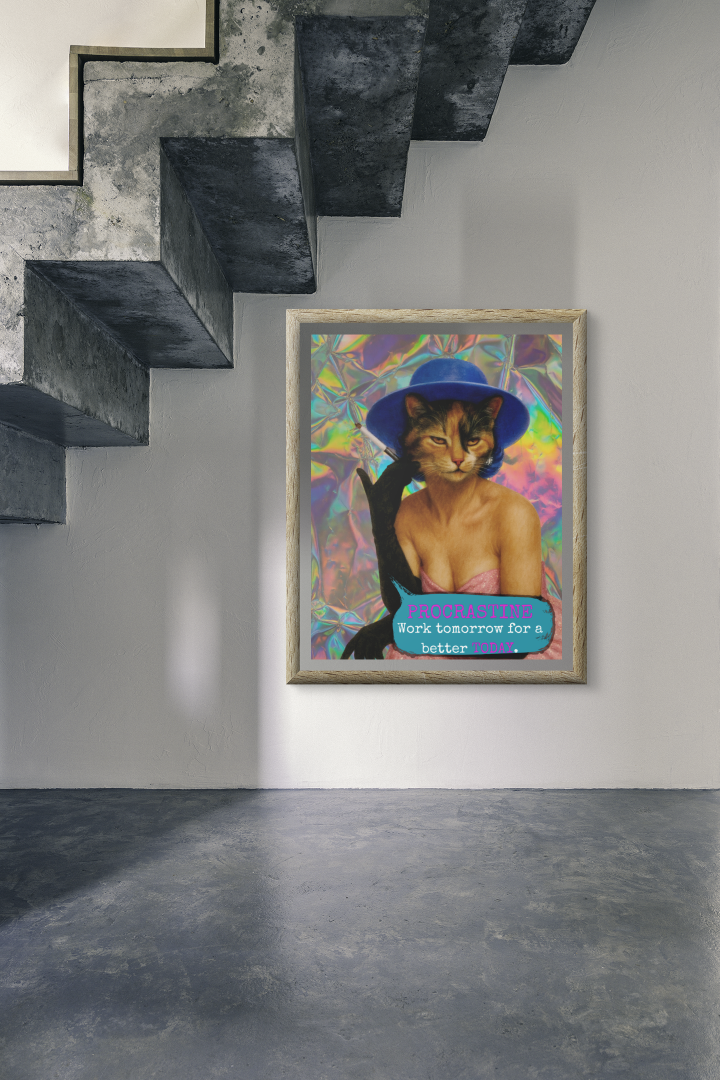 Framed Cat Poster Procrastinate Quote Vintage Wall Art Dark Humor