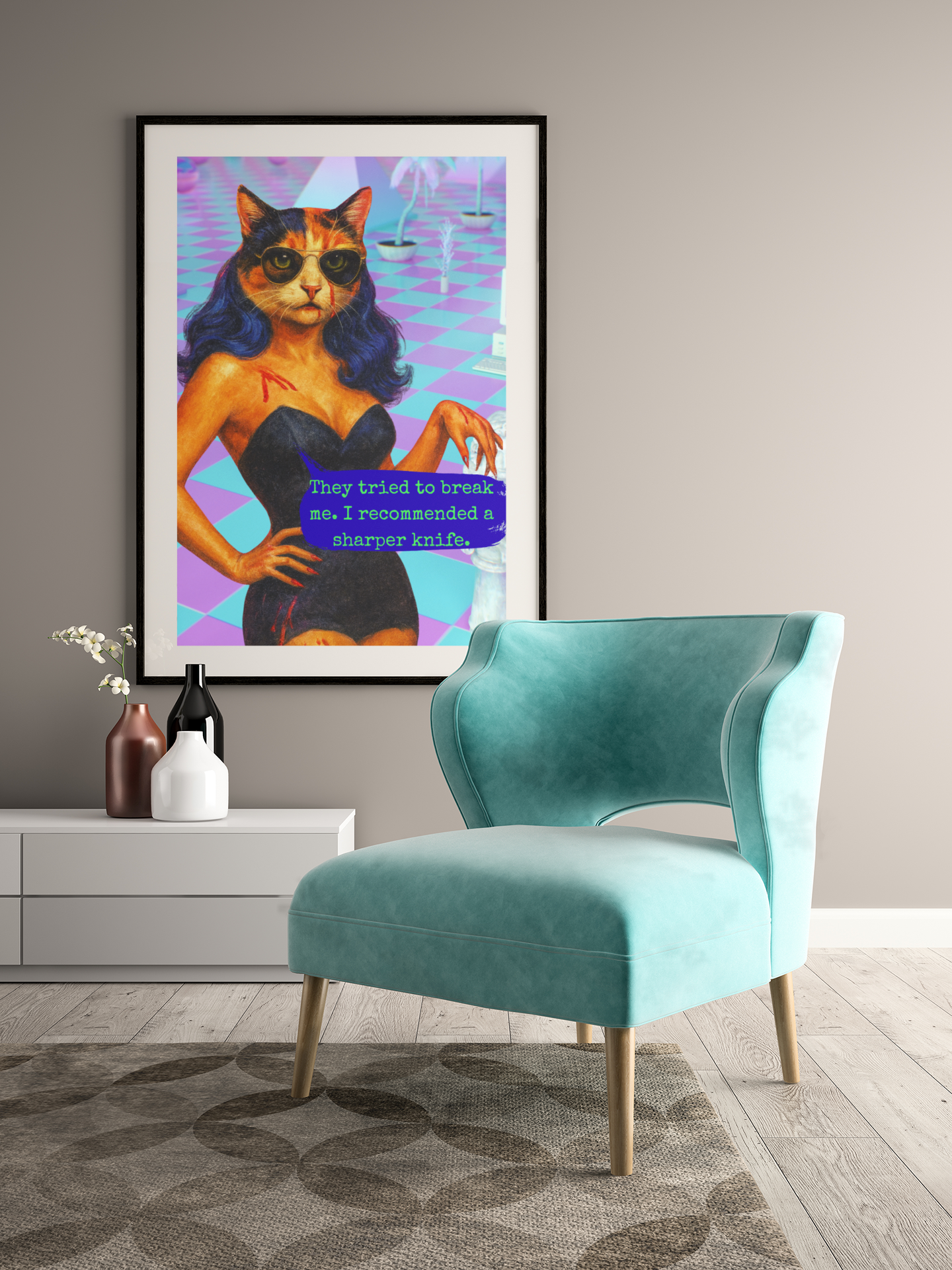 Feminist Cat Art Dark Humor Poster Sarcastic Vintage Framed
