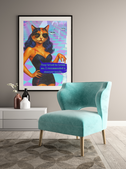 Feminist Cat Art Dark Humor Poster Sarcastic Vintage Framed