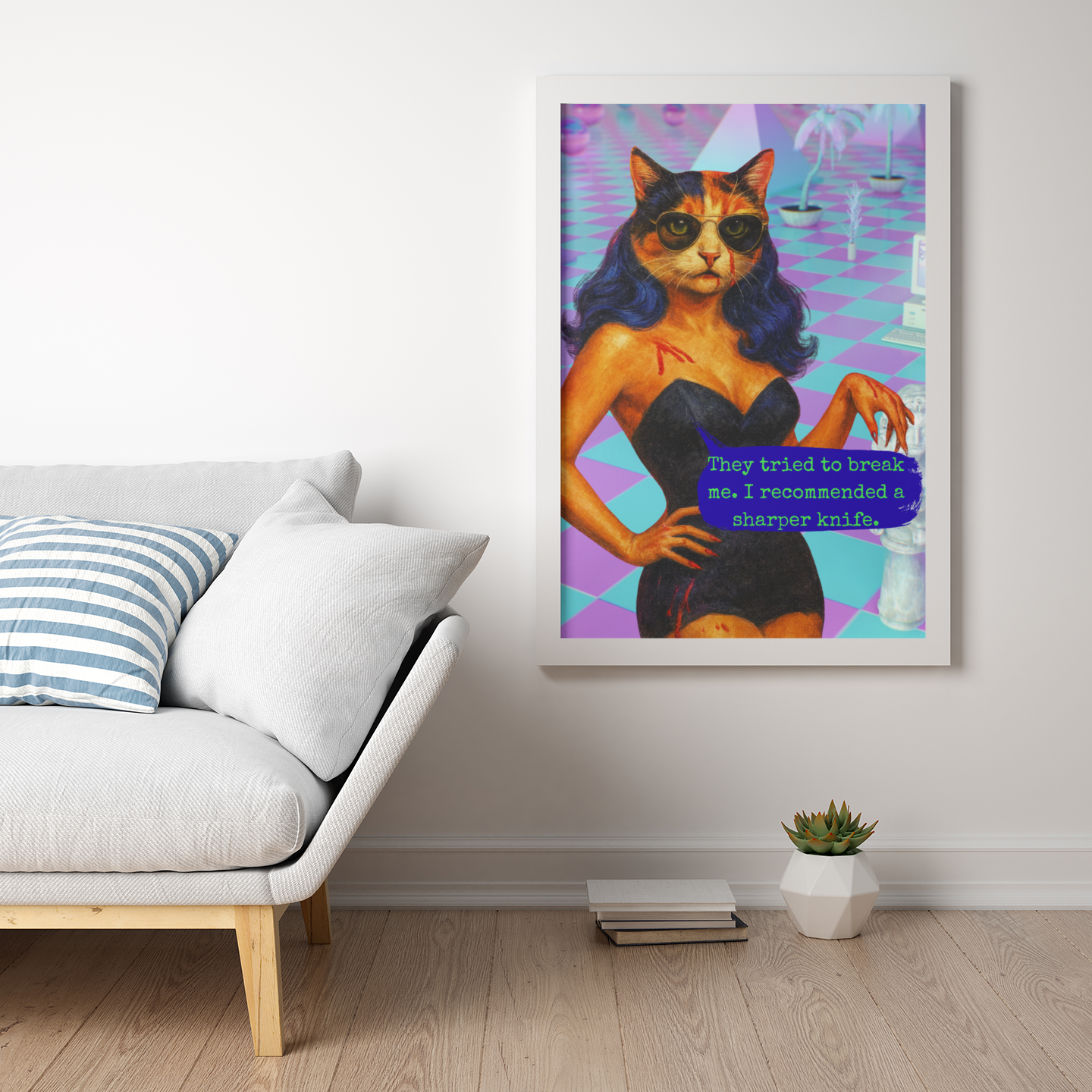 Feminist Cat Art Dark Humor Poster Sarcastic Vintage Framed