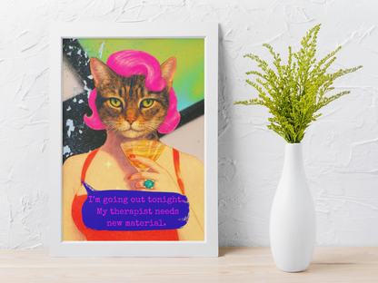 Framed Cat Poster Funny Quote Vintage Wall Art Therapist Humor