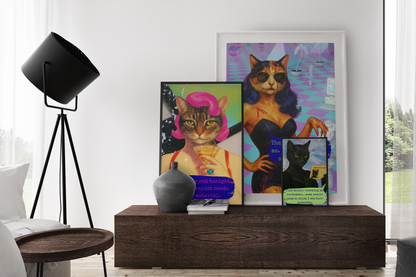 Feminist Cat Art Dark Humor Poster Sarcastic Vintage Framed
