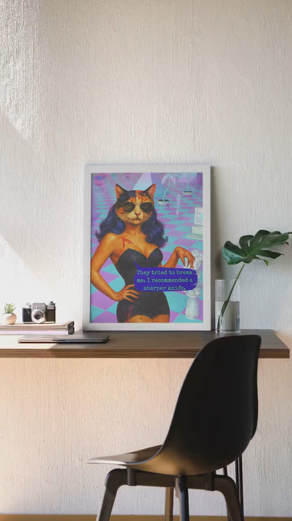 Feminist Cat Art Dark Humor Poster Sarcastic Vintage Framed